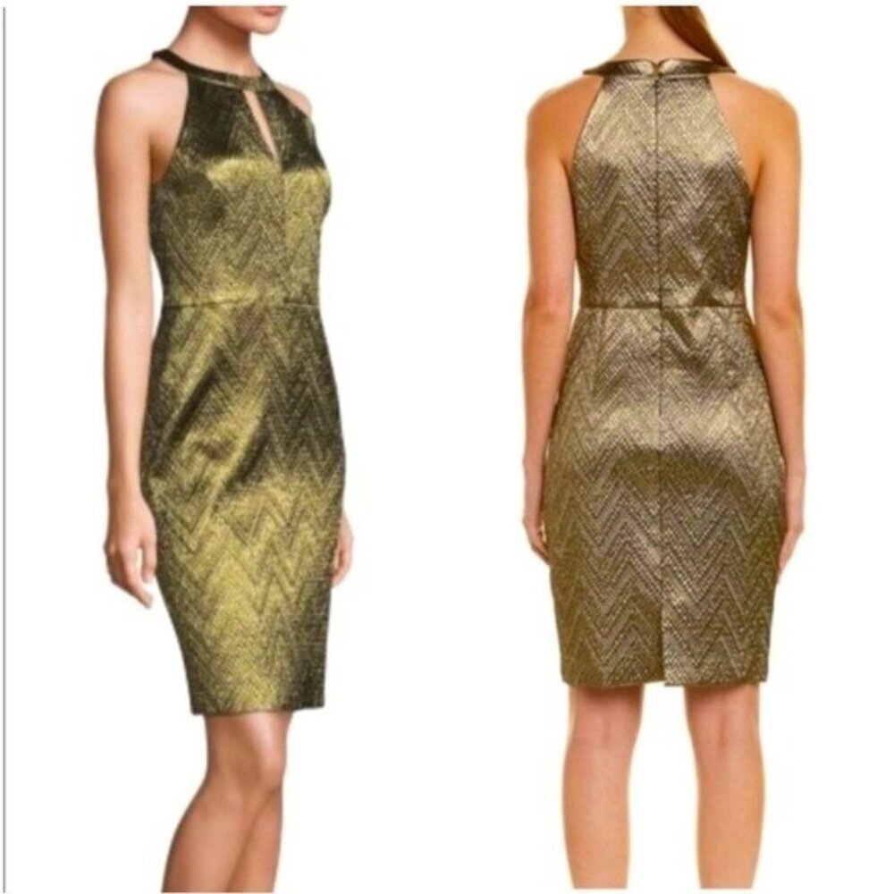 Y Trina Turk Gold Mackie Metallic Peekaboo Cutout Halter Cocktail Dress